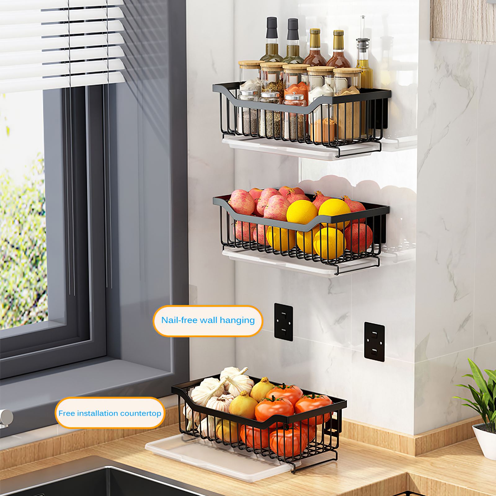 Storage Basket Stainless Steel Kitchen Wall-Mounted Bread Snack Fruit Basket Organizer Rack Holder Bathroom Shelf Container