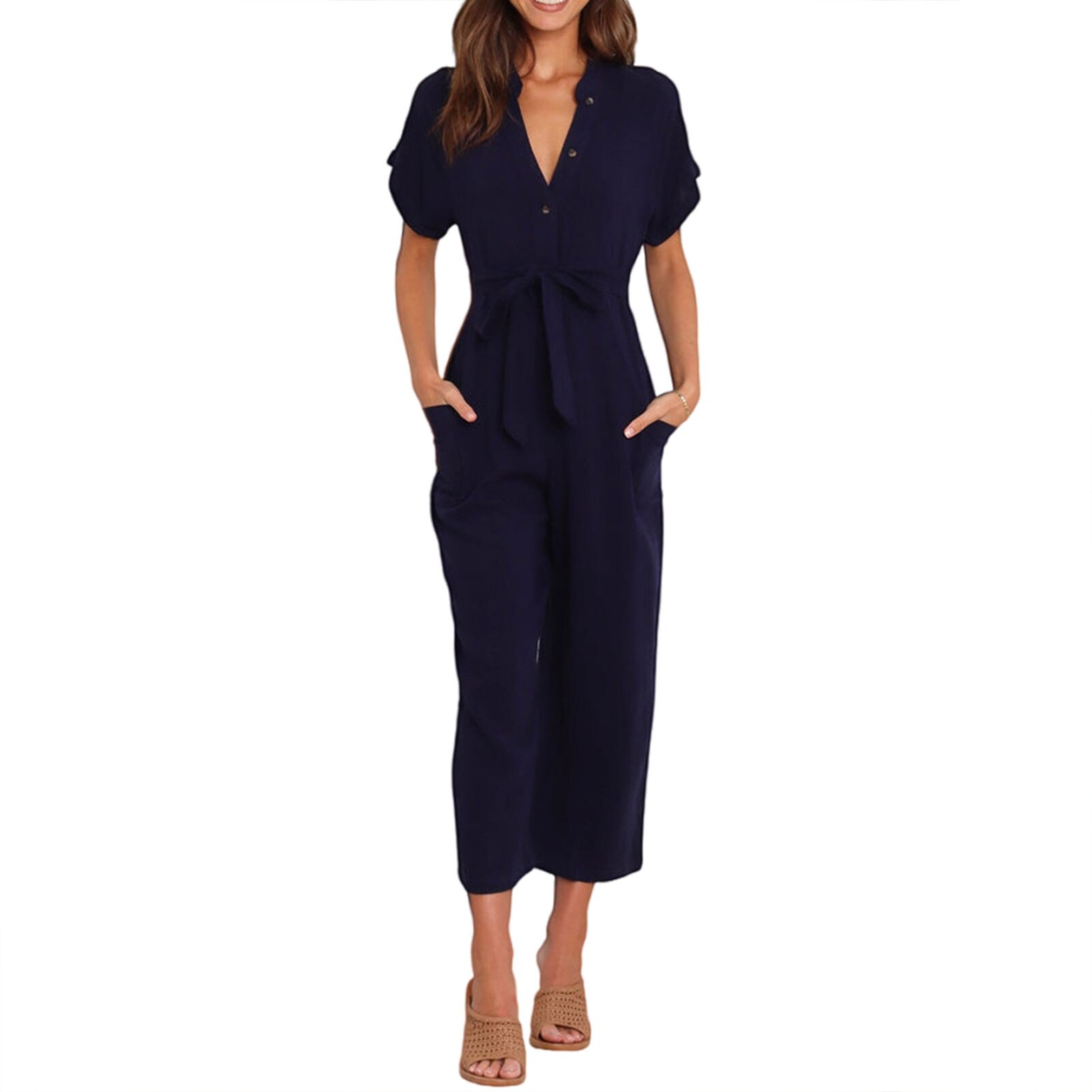 Women's Summer Jumpsuit Short Sleeve V Neck Loose Fit Tie Waist Overall Pants Woman's Costume with Pockets Wide Leg