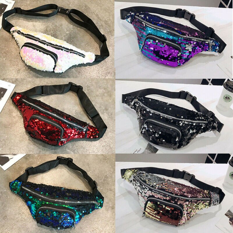 Pretty Sequin Glitter Waist Fanny Pack Belt Bum Bag Pouch Hip Purse Zipper Pouch Running Bag Lovely Messenger Chest Bag