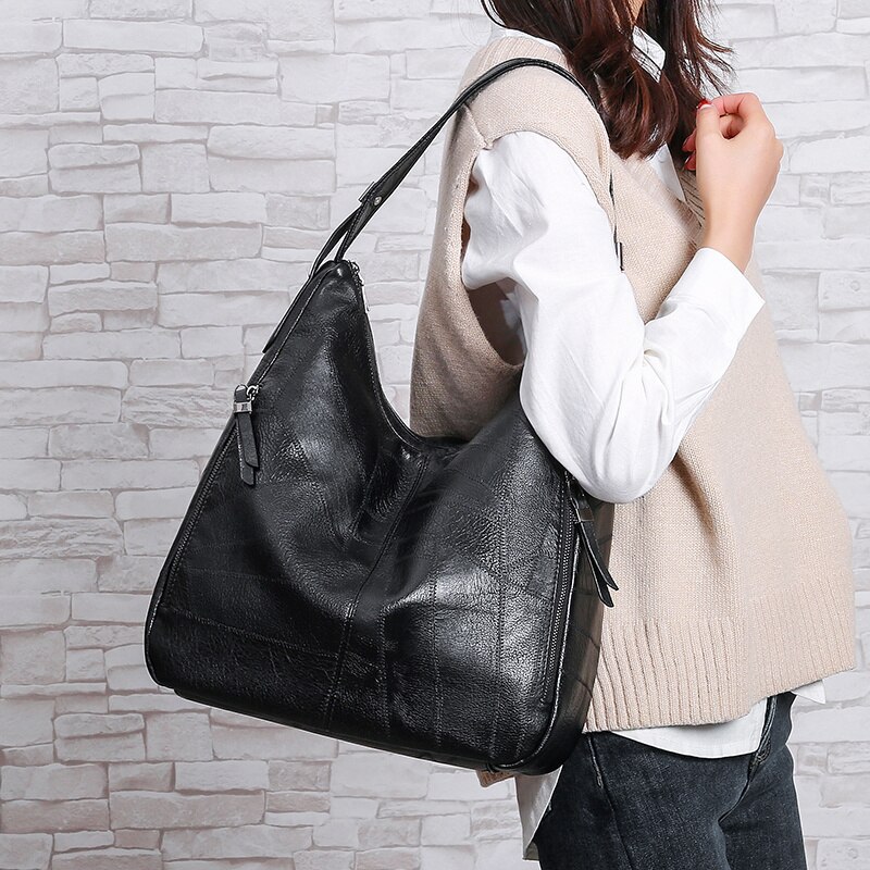 Grand sac fourre-tout noir pour femme avec fermeture éclair, sac à bandoulière multifonction de grande capacité, sacs à main en cuir, sacs hobo simples de couleur unie