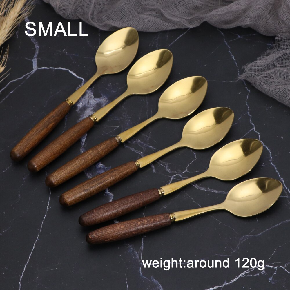 Jaswehome Flatware Cutlery Set Durable Stainless Steel Tableware Wooden Handle Gold Dinnerware Spoons And Forks Set 4-24-pieces: 6pcs small spoon