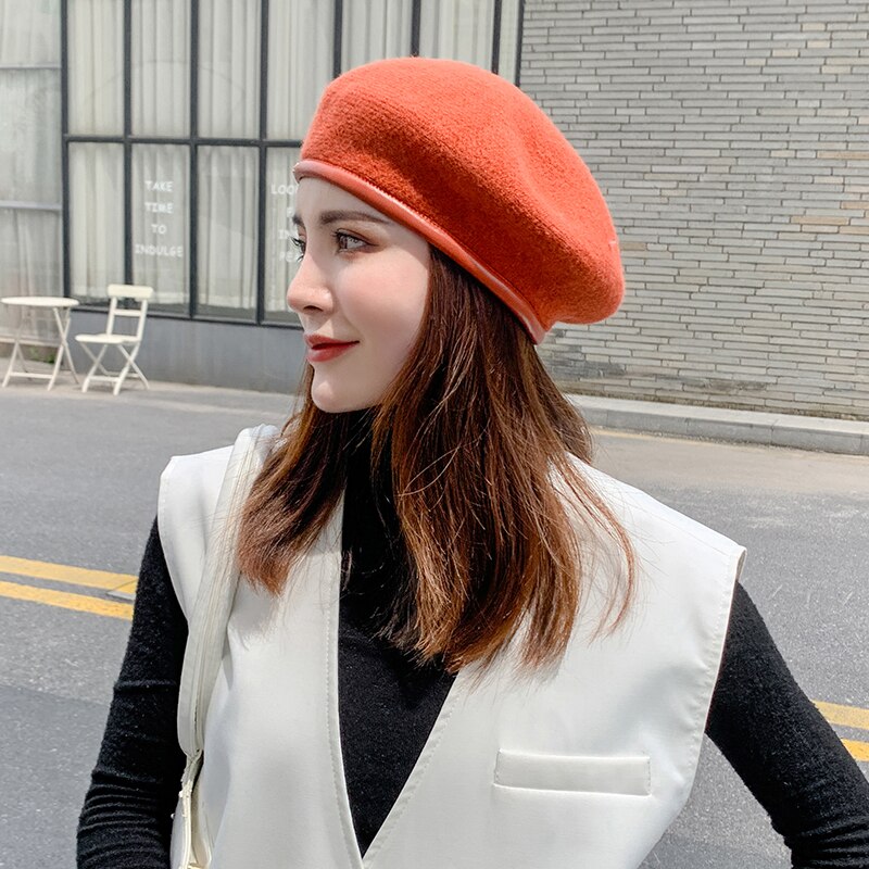 Women Berets Artist Cap Solid Color Beret Knit Beanies Painter Hat Lady's Girl's Autumn Winter Warm Hats Female Bonnet Chapeau: Orange