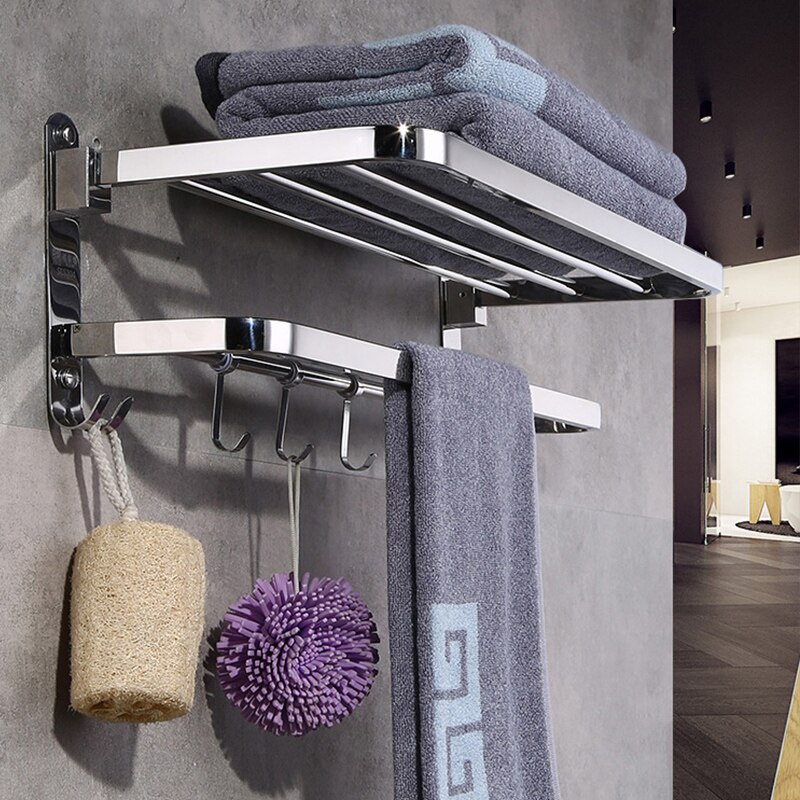 Wall Mounted Folding Movable Towel Rack Stainless Steel Polished Organizer Towel Holder Storage Shelf Hook bathroom Accessories