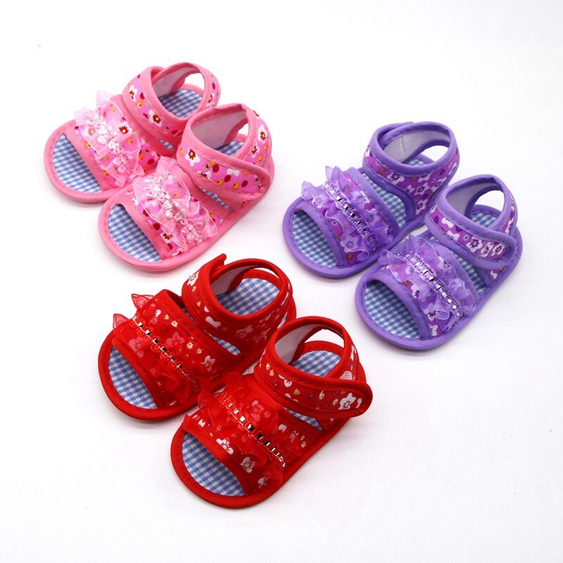 Bébé fille sandales respirant motif à fleurs anti-dérapant chaussures avec dentelle espadrilles décontractées enfant en bas âge chaussures à semelles souples 0-18M