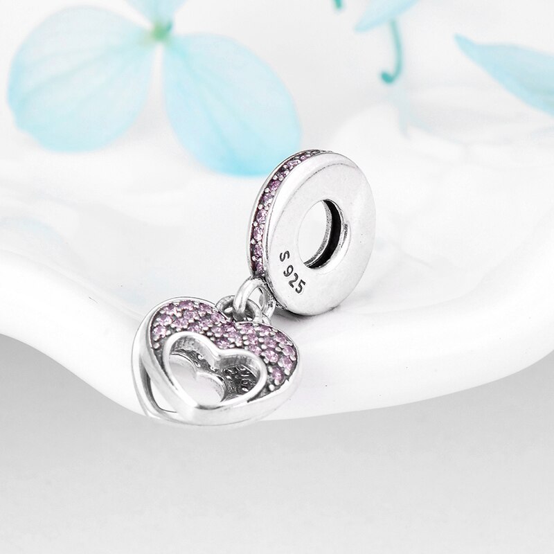 murmeln Schild 925 Sterling Silber Herz bilden mit Rosa Zirkon Anhänger passen Original Europäischen Charme Armbinde Schmuck Machen