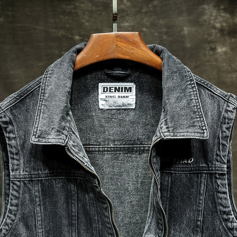 Men's Denim Jacket Vest Streetwear Zipper Jean Tops Waistcoat Harajuku Slim Motorcycle Club Sleeveless Male Jackets