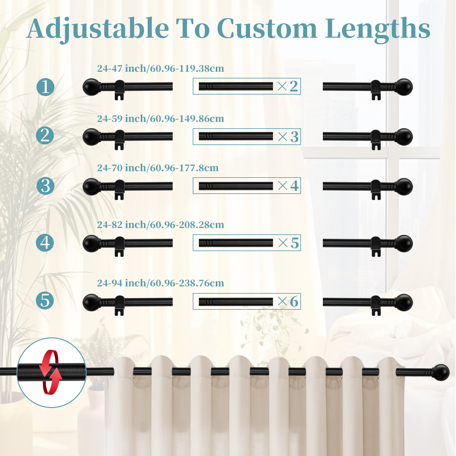 Black Curtain Rods for windows 24 to 94 inch, Splicing Heavy Duty Metal Curtain Rod Set with Brackets