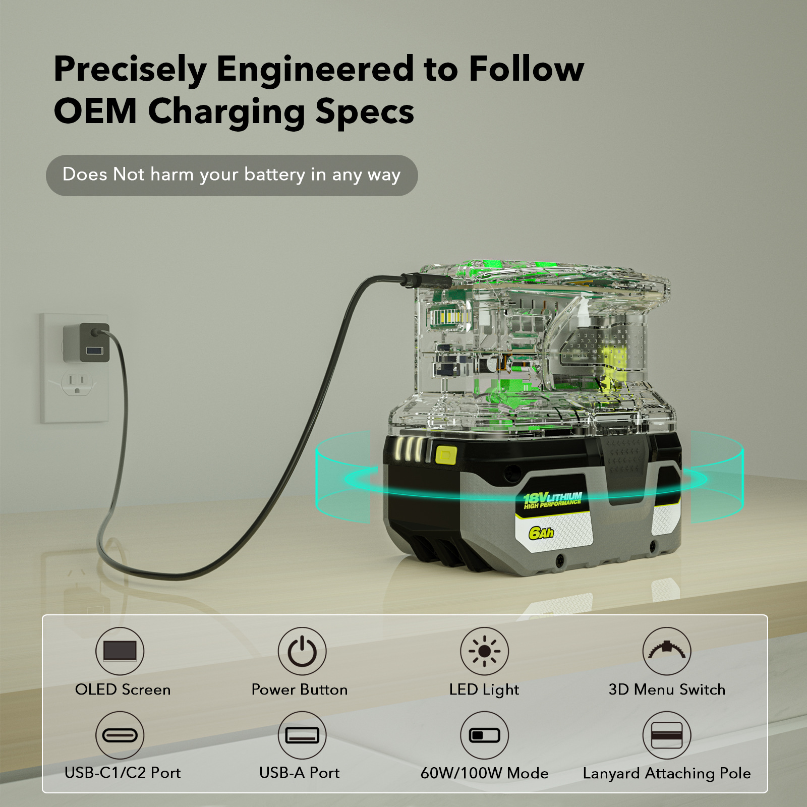 Snelle oplader voor RYOBI 18V ONE+ Batterijoplader Lithiumbatterij 100W Snel opladen USB-poort Tweewegoplader Draagbare Power Sourc