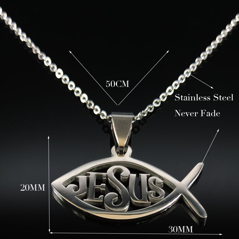 Stainless Steel Jesus Necklaces Fish Christian Christianity Ichthys Fish Pendant Necklaces Jewelry Women or Men collares N17168B: Silver B