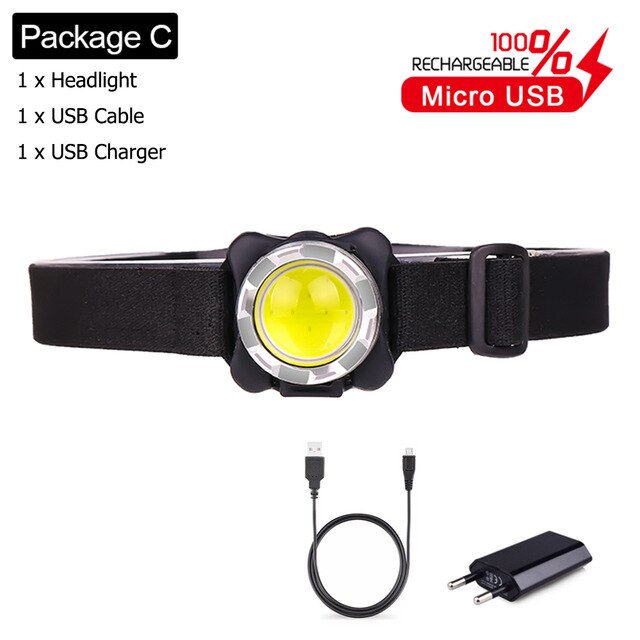 Heldere Handenvrij Koplamp Cob Led Usb Oplaadbare Koplamp Ingebouwde Batterij Hoofd Licht Waterdichte Hoofdlamp Wit Rood Licht: package  C / Black