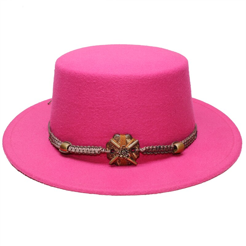 Retro Unisex Women Men /Kid Child Wool Fedora Flat Dome Oval Top Bowler Porkpie Pork-pie Hat Wood Bead Knitted Band (54/57cm): Rose / Adult Size 57cm