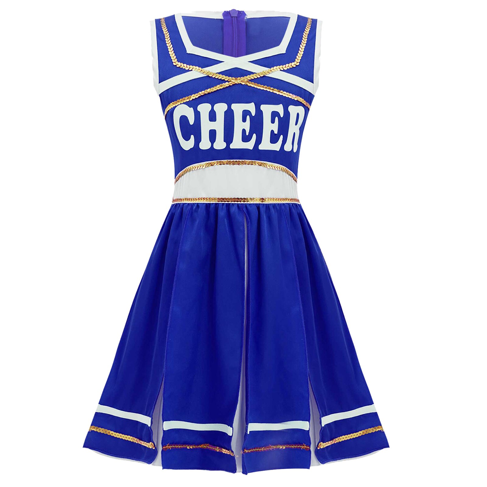 Kinderen Meisjes Mouwloze Brief Afdrukken Kriskras Voorzijde Pailletten Versierd Onzichtbare Rits Terug Patchwork Cheerleading Dans Jurk: Royal Blue / 10