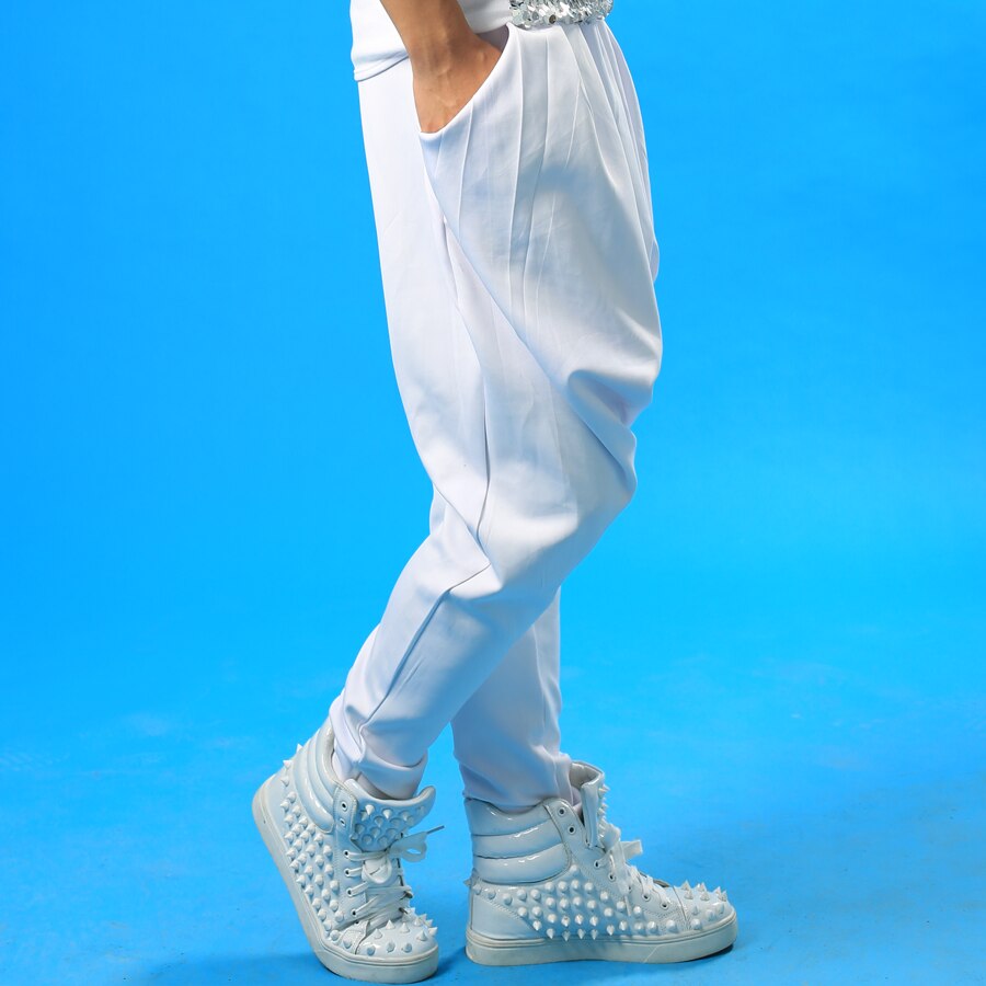 Pantalones de hombre con personalidad para escenario, pantalones harem para hombre, pantalones para hombre, pantalones blancos novedosos de estilo callejero para cantante de baile rock a la para hombre