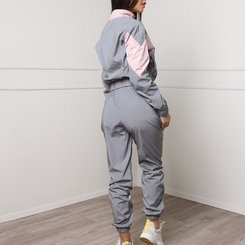 Women Reflective Tracksuit 2 Piece Outfits Sports Sets Spring Running Pants Splicing Long Sleeve Zipper Up Trench Top Suits