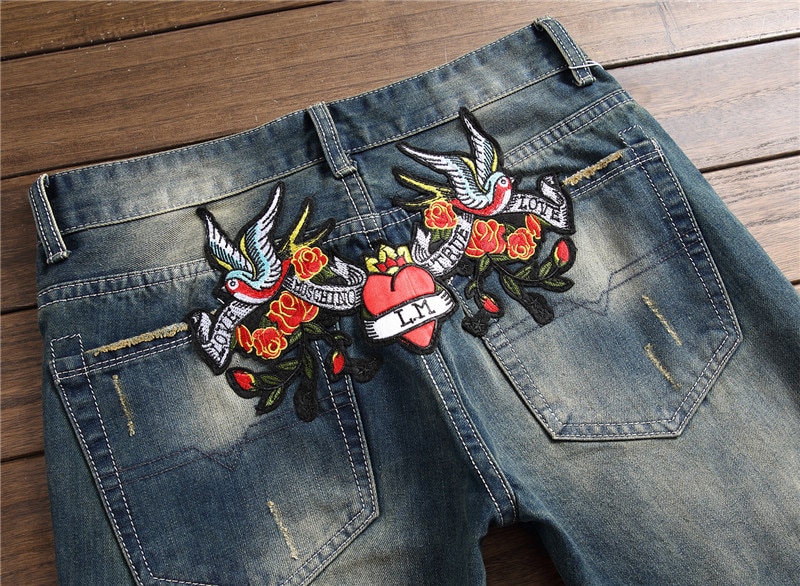 Vaqueros con flores bordadas para hombre, vaqueros de a la , de clásico y de