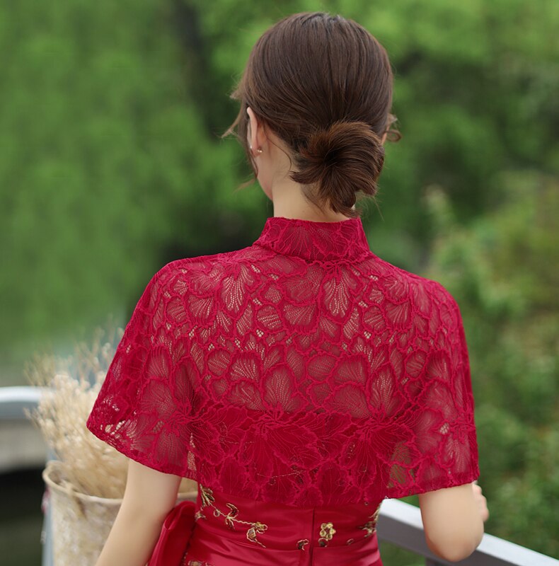 Chal de cuello alto para mujer, chal de encaje Floral, para vestido de noche de graduación, color negro, blanco, champán y rojo