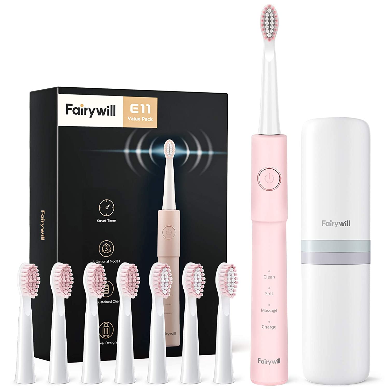 Fairywill-cepillo de dientes eléctrico P11 E11 2056 T9, dispositivo blanqueador Ultra sónico con 5 modos de carga inalámbrica, temporizador inteligente: E11-Pink