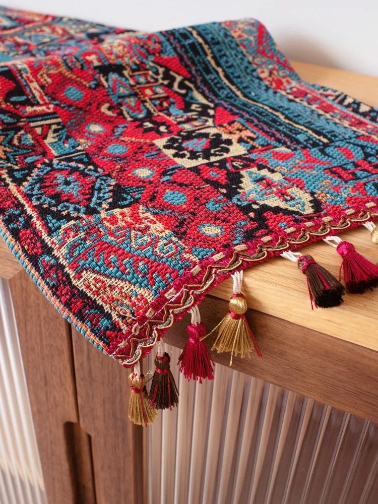 Bieżnik na stół w stylu klasyczny boho z bawełny i lnu z frędzlami, dekoracja robić domu, kuchni, jadalni, etniczna flaga na stół, obrus, ręcznik.