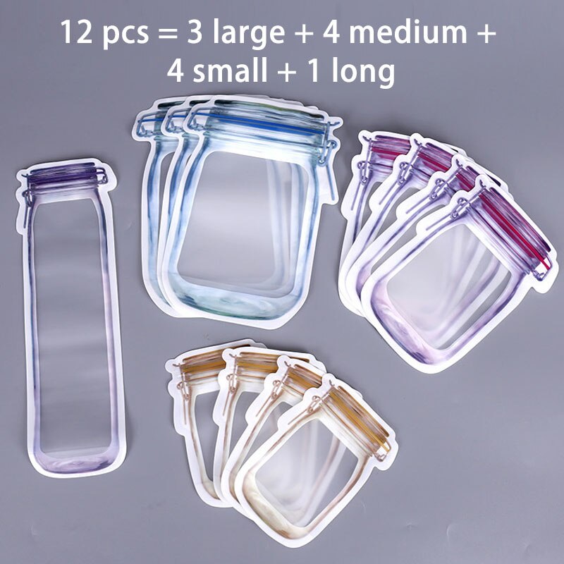 Reusable Composite Irregular Packing Bag Kitchen Zipper Sealed Vacuum Fresh-Keeping Bottle Bag Mason Self Sealing Bag: 12Pcs