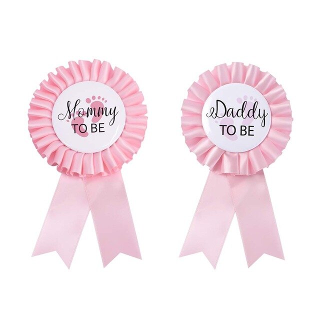 Daddy to be & Mom to be Tinplate Badge Pin - Baby Shower Button Dad Gender Reveals Party Baby Girl Pink Rosette Button: mom dad pin