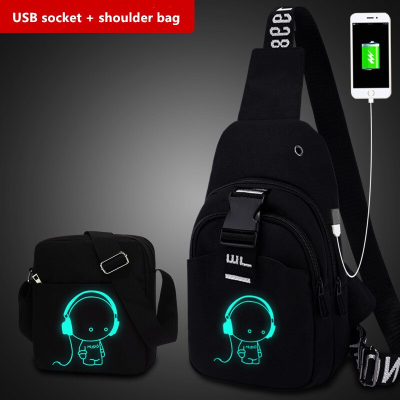 Multifunction moda masculina crossbody sacos de carregamento usb pacote de peito curto viagem luminosa saco de peito dos jovens bolsa de ombro único: Chest USB shoulder