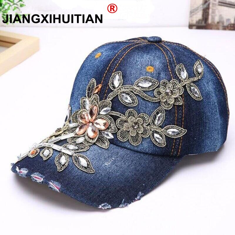 Delikate kvinder diamant blomst baseball cap sommer stil dame jeans hatte