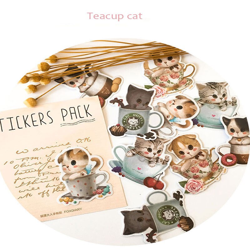 Cartoon kawaii teacup cat stickers DIY scrapbooking journal album happy planner crafts decorative stickers
