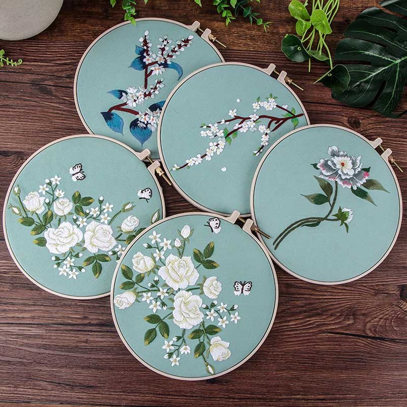 Hand Chinese Flower Embroidery Kits Needlework Kits Floral Cross Stitch Sets with Hoop Swing Art Wall Painting Home Decor
