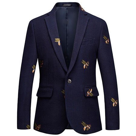 Kavaj med en knapp för herr bi broderi bröllop smart casual slim fit jacka stor storlek 6xl marinblå kläder man  t208: Xl