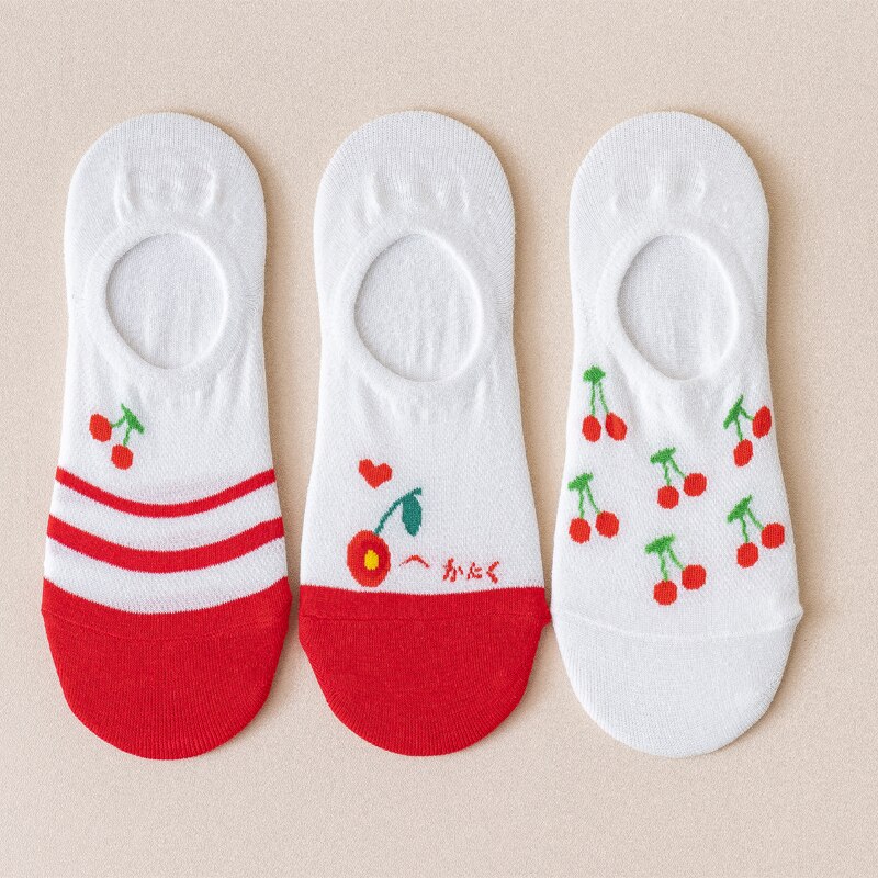 3 Pairs Lot Women Cotton Invisible Socks Cute Fruits Printed Harajuku Cartoon Casual Socks Strawberry Cherry Lemon Soft Sock: 4