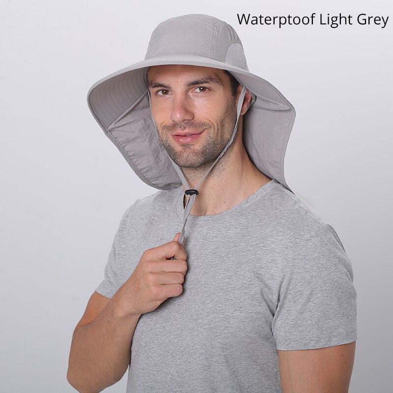 Camolad herre spand hatte med nakke flap sommer sol hat til kvinder lang bred randen fiskeri hætter udendørs uv beskyttelse vandreture hat: Vandtæt lt gy