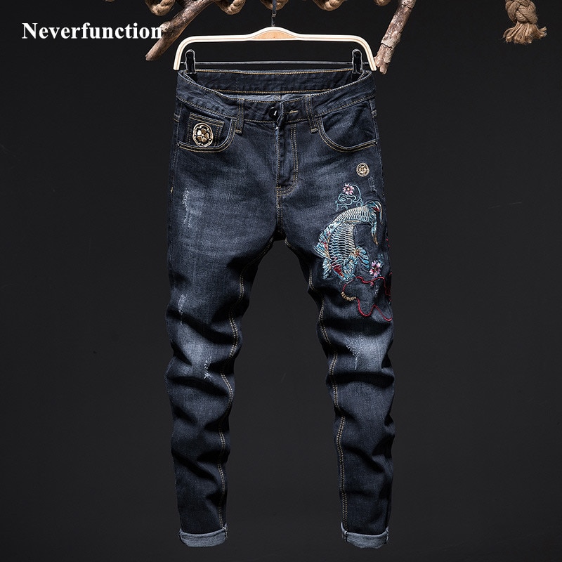 Pantalones vaqueros rasgados para hombre, jeans ajustados con bordado de carpa, ropa de calle, elásticos, ajustados, para motocicleta