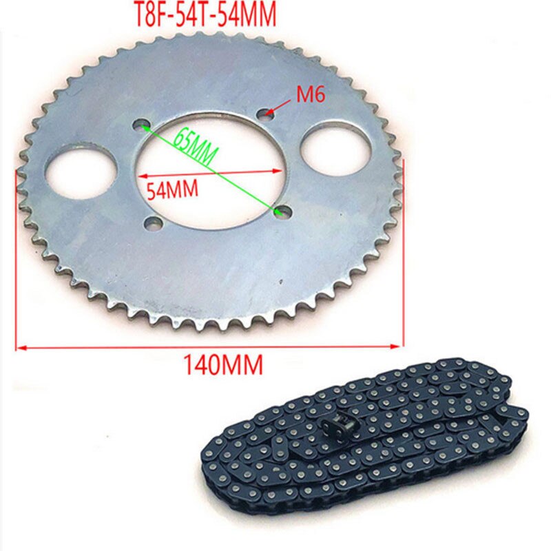 Cadena de 47cc, 49cc, T8F, 136 eslabones y 38, 54, 74 dientes, cadena, Piñón para mini moto, atv, quad, 2 piezas de motor de carrera, accesorios: T8F-54T-54MM set