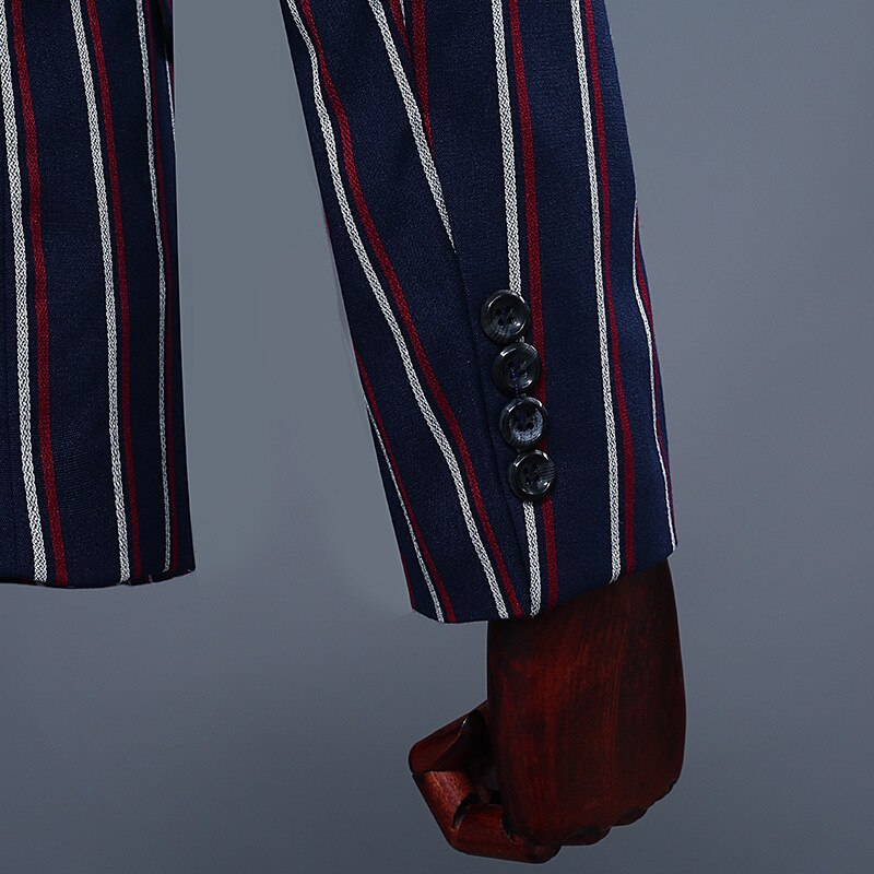 Simple Formal Suits Men Long Sleeve Dress Mens Casual Prom For Blue Stripes Suit Slim Fit Clothing Two Piece Set Coat Pants