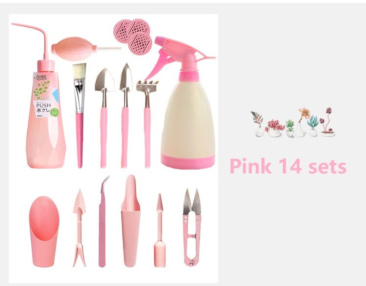 Bouteilles d'arrosage plantes miniatures | Mini ensemble d'outils à main de jardinage multifonctions plantes succulentes, outils de jardinage: Pink 14pcs