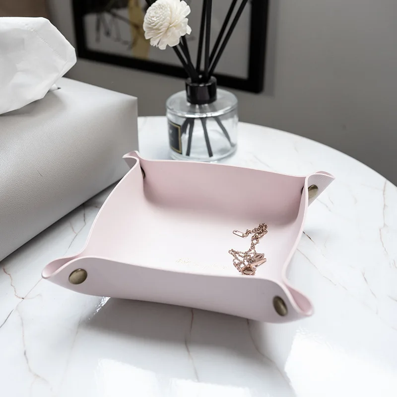 Caja de almacenamiento de cuero nórdico, bandeja de almacenamiento de escritorio, joyería, cesta de almacenamiento de llaves y cosméticos, estuche de almacenamiento plegable, organizador de mesa