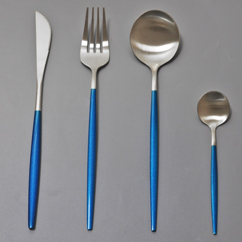 Western 4 pièces rose or mat ensemble de couverts 304 en acier inoxydable vaisselle couteau fourchette cuillère vaisselle cuisine dîner couverts ensemble: Blue Silver