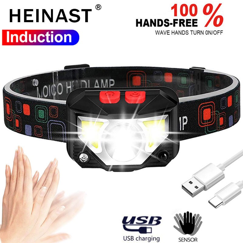 COB LED Headlamp USB Rechargeable Head Lamp with Built-in Battery Motion Sensor Inductive Headlight Multi-Mode Camping Light