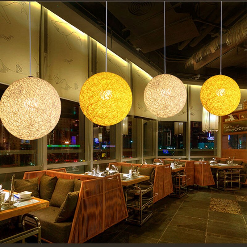 White Bamboo, Rattan And Hemp Ball Chandelier Individual Creativity Spherical Rattan Nest Lampshade