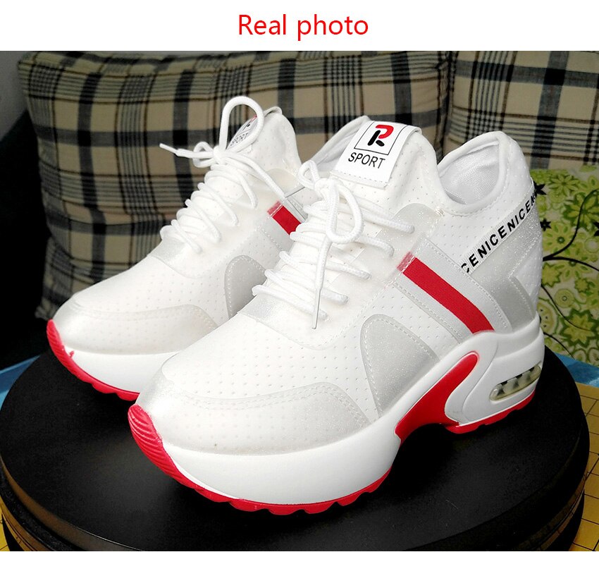 Höga vita sneakers dam platå skor klack ökande dam skor mesh andas skor kil svart kvinna sneakers platå