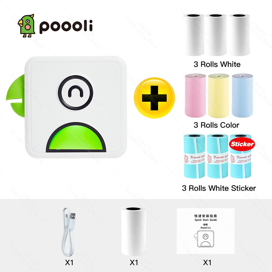 Photo Printer Pocket Thermal Label Printer Portable Bluetooth Wireless Receipt Label Sticker Printer Paper Poooli L1: Green Add 9 Rolls
