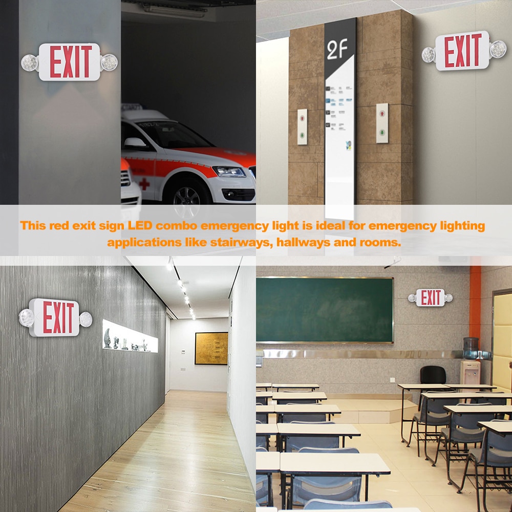 LEDs Emergency Light Red Exit Sign with Adjustable Two Head Backup Batterys Wall Ceiling Mount for Stairway Hallway Room