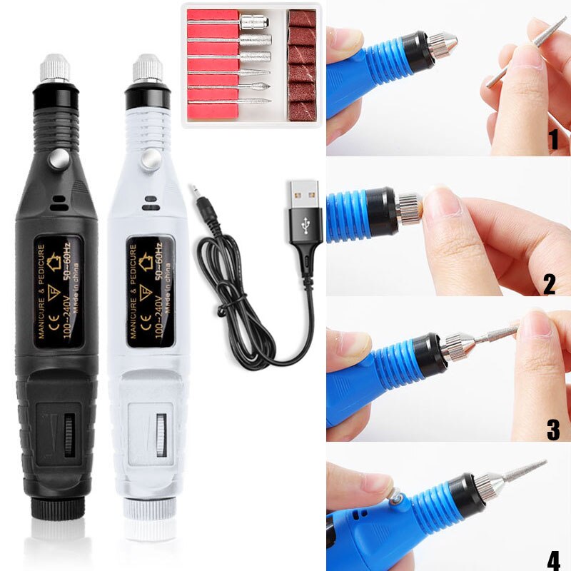 Minitaladro eléctrico de acero inoxidable, herramienta de manicura y pedicura, cortador de uñas con brocas, pulidor de uñas portátil por USB