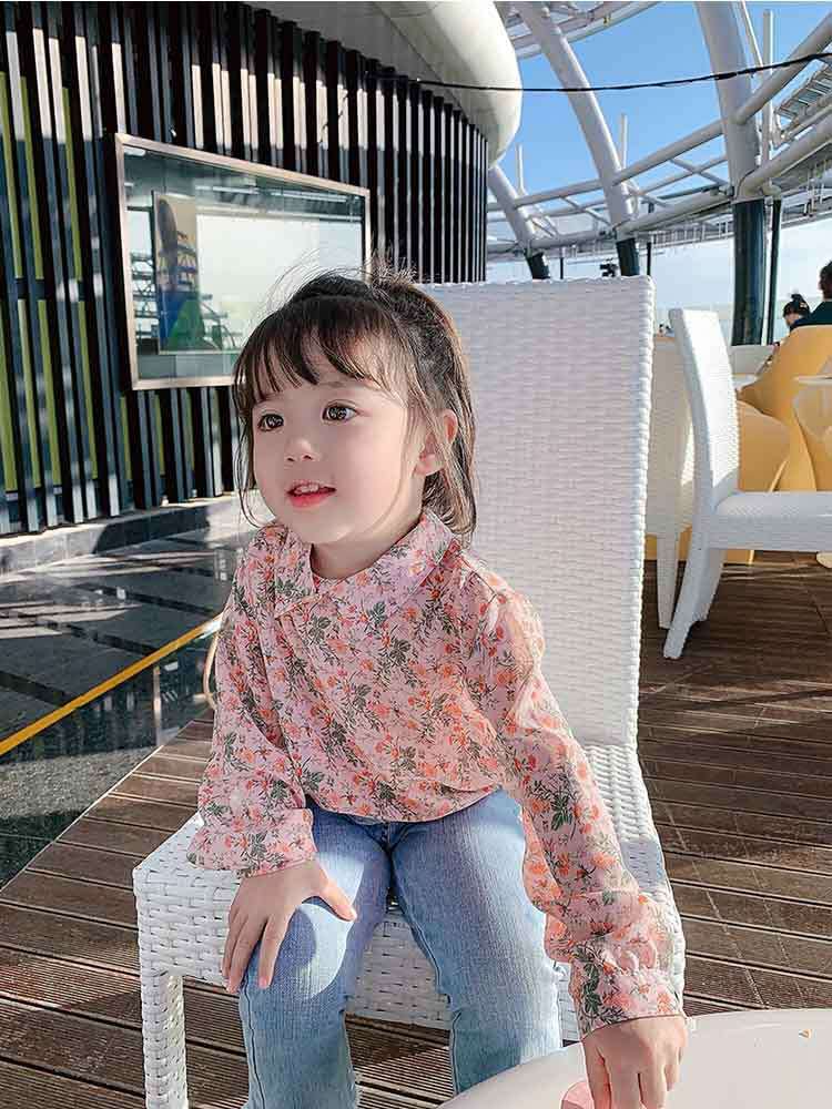 Camisa floral de chifón para niñas de verano de manga larga para niños de 3 a 8 años