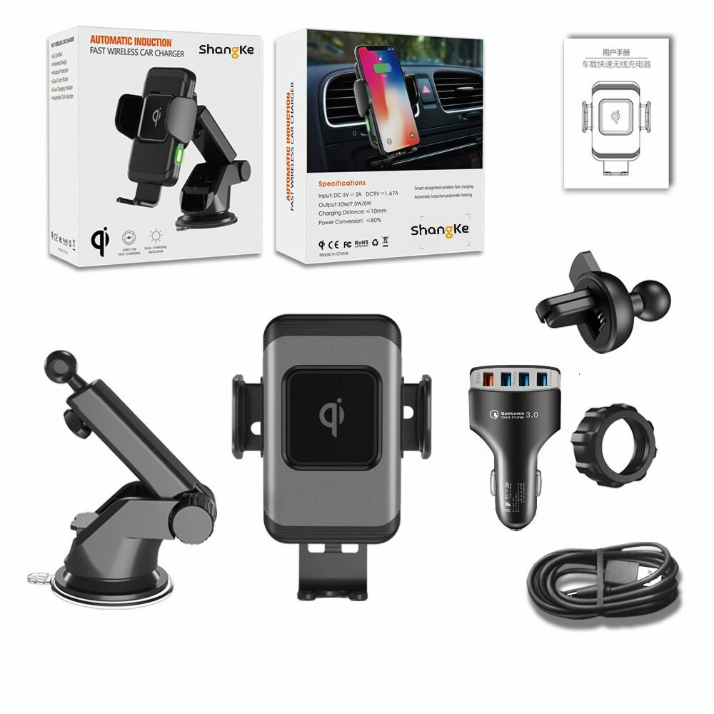 Draadloze autolader 10w autoklem 2- in -1 qi snellader autohouder ventilatierooster dashboard telefoonhouder voor iphone  x 8 samsung  s9