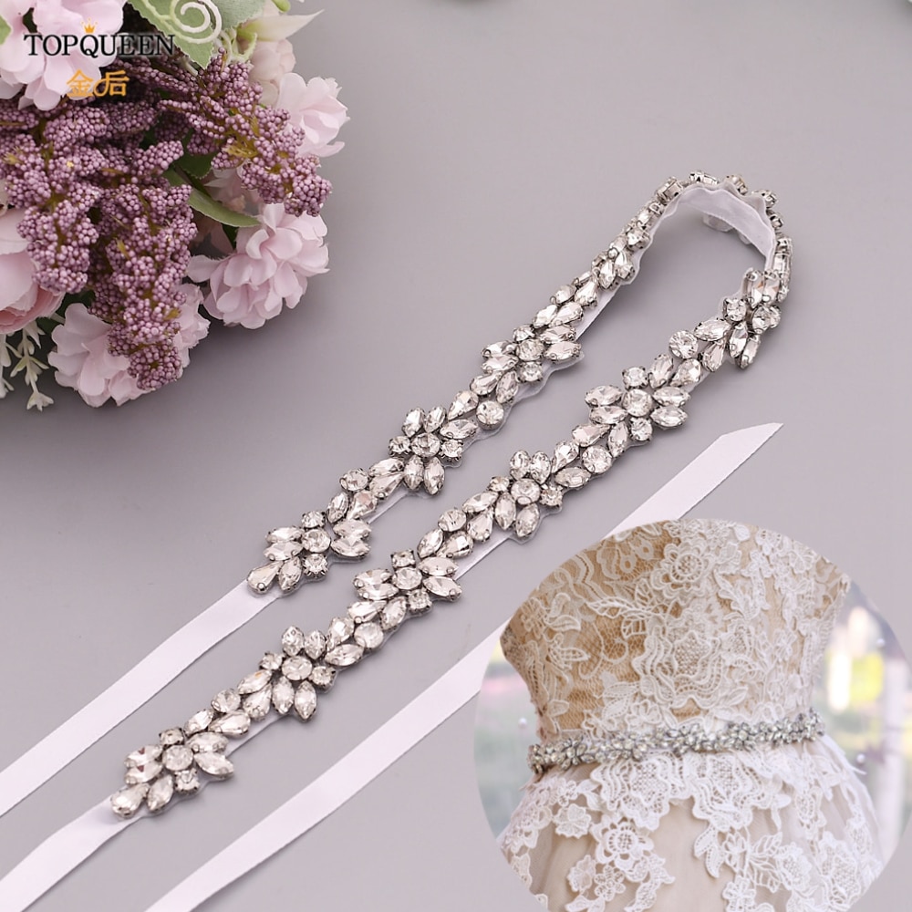 TOPQUEEN-Cinturón de lujo para novia, faja con apliques de diamantes de imitación para vestido de boda, cinturones de joyería, cinturón de Vestido plateado brillante, S437-S