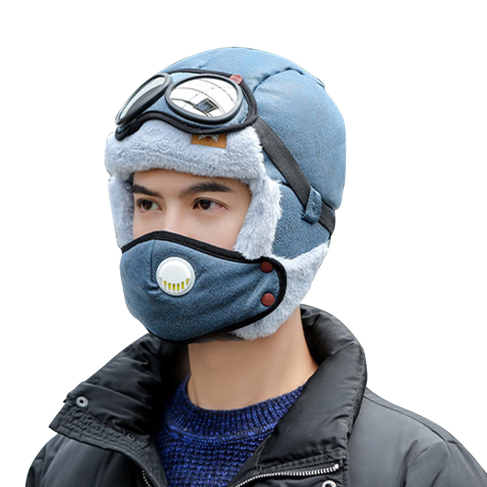 Cycling Windproof Outdoor Hat with Ear Flap and Breathing Valves Face Cover Goggles Warm Plush Full Head Hat PR: Blue
