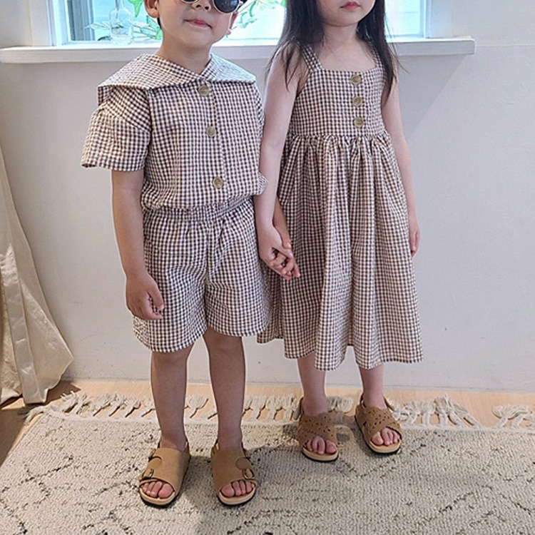 Brother Sister Clothes Set College Plaid Girls Suspenders Long Skirt Boys Two Piece Plaid Suit Summer Sailor Collar Boy's Suit