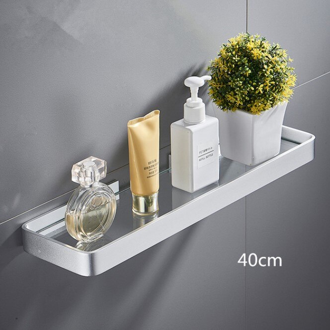 Badeværelseshylde bad bruser hylde søm fri glas hylde satin badeværelse hjørne hylde 25-50cm aluminium køkken opbevaring holder: 40cm hvide