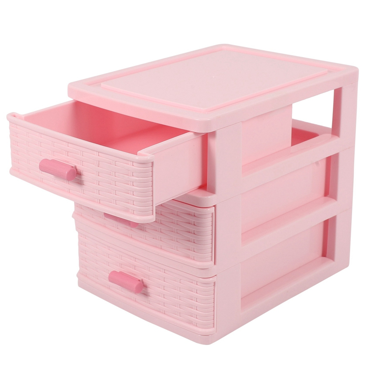 Plastskuff med 3 rom til oppbevaring av smykker, rosa
